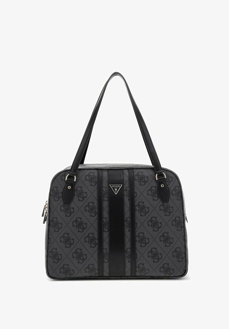 Sac à main noir et gris avec un motif texturé, comportant des accents en cuir, des poignées doubles, une fermeture éclair et une plaque logo à l'avant.