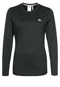 Långärmad svart sporttröja med rund halsringning, tillverkad av lättviktsmaterial, med en liten vit Adidas-logga på bröstet.