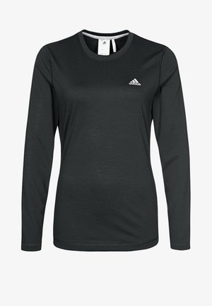 Camiseta deportiva negra de manga larga con cuello redondo, hecha de un tejido ligero, que presenta un pequeño logo blanco de Adidas en el pecho.