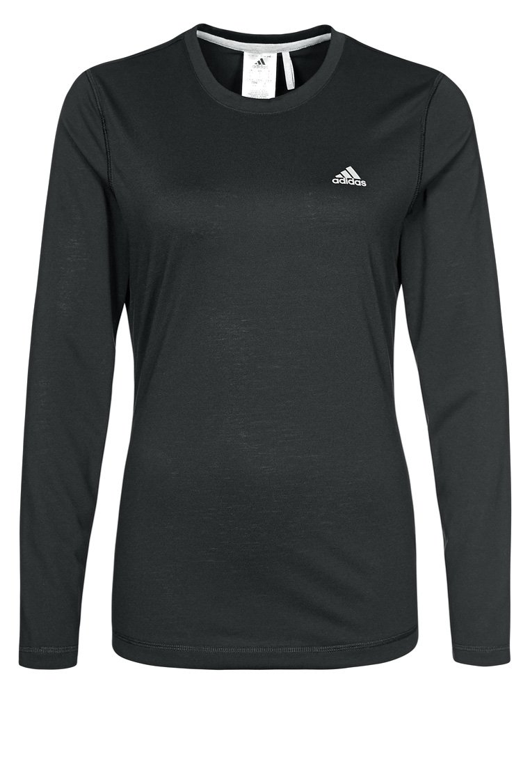 Långärmad svart sporttröja med rund halsringning, tillverkad av lättviktsmaterial, med en liten vit Adidas-logga på bröstet.
