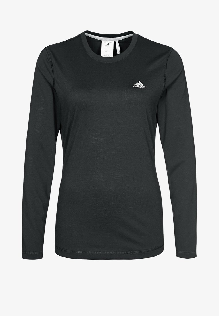 Pitkähihaine musta urheilusynä, jossa on pyöreä kaula-aukko, valmistettu kevyestä kankaasta. Rinnassa on pieni valkoinen Adidas-logo.