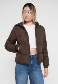Doudoune marron avec capuche, dotée d'une fermeture éclair et de poignets côtelés. Le tissu semble lisse avec des sections matelassées.