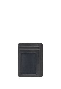Portafoglio in pelle nera con tasca a rete testurizzata e tre slot per carte. Forma rettangolare, design minimalista, dettaglio di cucitura in contrasto.