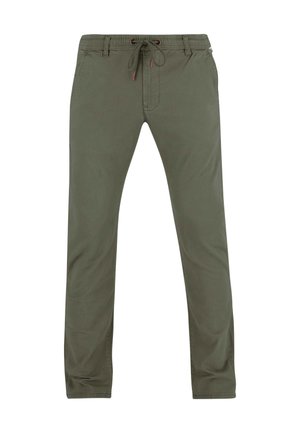 Olivgrüne Hose mit geradem Bein, elastischem Bund und Kordelzug, Vordertaschen und Gürtelschlaufen.