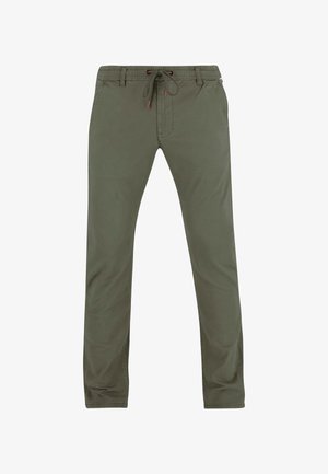 Olivgrüne Hose mit geradem Bein, elastischem Bund und Kordelzug, Vordertaschen und Gürtelschlaufen.