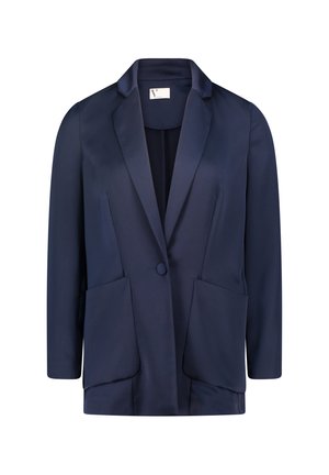 Marineblauer Blazer aus glattem Stoff, mit einem einzelnen Knopfverschluss, zwei vorderen Taschen und einem eingestellten Reversdesign.