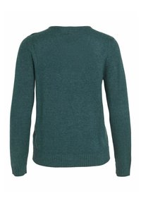 Pull vert, texture tricotée, col rond, manches longues, poignets et ourlet côtelés, design uni, sans motifs ni détails métalliques apparents.