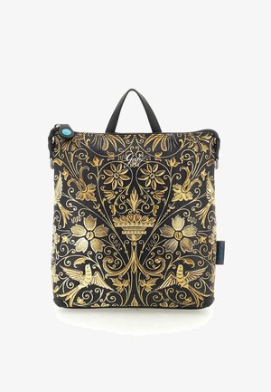 Borsa nera con intricati design floreali e di uccelli in oro, pelle testurizzata, doppi manici e un bottone di accento turchese.