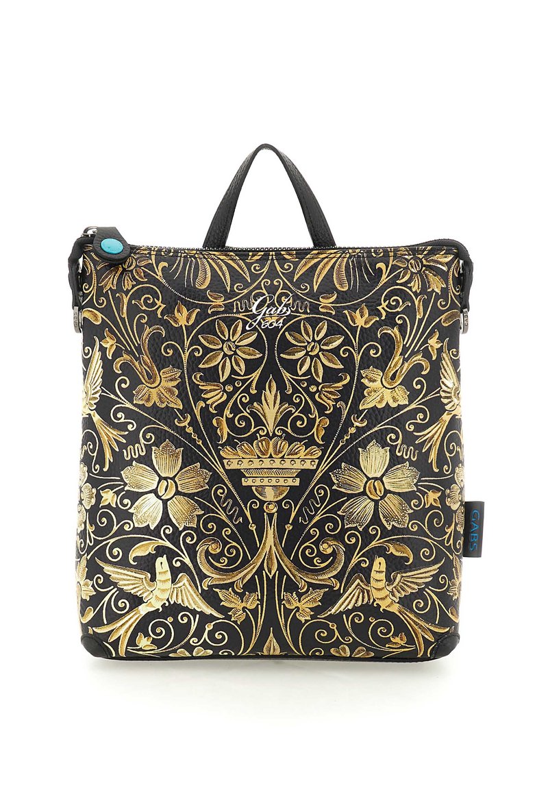 Borsa nera con intricati design floreali e di uccelli in oro, pelle testurizzata, doppi manici e un bottone di accento turchese.