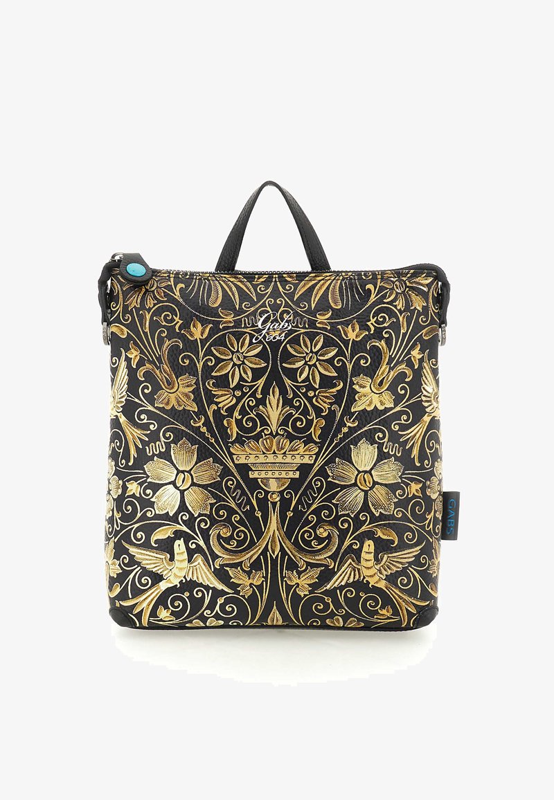 Borsa nera con intricati design floreali e di uccelli in oro, pelle testurizzata, doppi manici e un bottone di accento turchese.