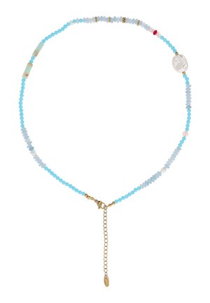 Zarte Halskette mit kleinen blauen Perlen, durchsetzt mit weißen, rosa, roten, goldenen Akzenten und einem goldenen Verschluss mit verstellbarer Kette.