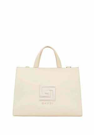 Borsa rettangolare beige con due manici e logo geometrico in rilievo, con scritto "GAUDI" al centro della parte anteriore.