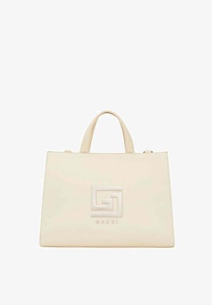 Borsa rettangolare beige con due manici e logo geometrico in rilievo, con scritto "GAUDI" al centro della parte anteriore.