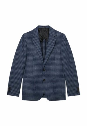 Blau-schwarz kariertes Hahnentritt-Muster Blazer mit zwei Knöpfen und gesteppte Revers, vollständig mit schwarzem Stoff gefüttert.