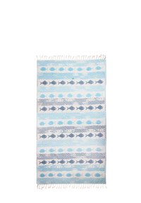 Rectangular towel with blue and navy fish and zigzag patterns in alternating horizontal stripes, with white fringes on both ends.
