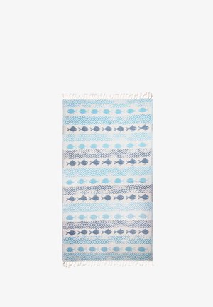 Rectangular towel with blue and navy fish and zigzag patterns in alternating horizontal stripes, with white fringes on both ends.