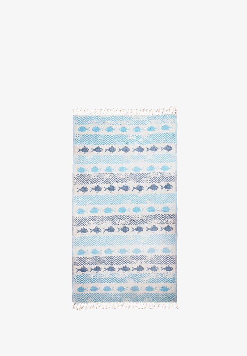 Rectangular towel with blue and navy fish and zigzag patterns in alternating horizontal stripes, with white fringes on both ends.