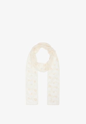 Écharpe blanche légère avec une broderie florale subtile, affichée en boucle sur fond blanc.
