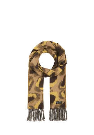 Brown and yellow patterned scarf with fringed ends, looped in a circle, with a small black label attached near the fringe.