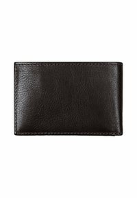 Sort læderpung med en glat tekstur, rektangulær form og syede kanter. Har et enkelt, minimalistisk design.