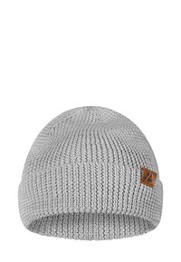 Gray knit beanie with a textured pattern and a folded cuff, featuring a small brown leather logo patch accent.