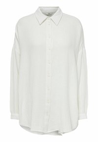 White long-sleeve button-up shirt with a textured fabric, pointed collar, and relaxed fit.