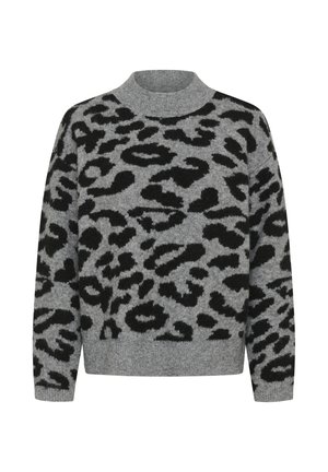 Suéter gris con un patrón de leopardo negro, cuello alto con canalé y puños, fabricado en un material suave y Texturizado.