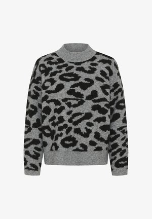Gray sweater featuring a black leopard print pattern, ribbed high neck, and cuffs, made from a soft, textured material.