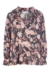 Blusa nera con un motivo floreale paisley nei colori rosa, crema e verde. Presenta un colletto arricciato e maniche raglan arricciate, con una vestibilità rilassata.