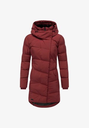 Bordeauxfarbene Daunenjacke mit Kapuze, diagonaler Reißverschluss, langen Ärmeln und gerippten Bündchen. Verfügt über ein gestepptes Muster und einen etwas längeren Rücken.