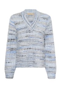 Pehmeast kudumistest sviiter V-kaelusega, pikkade varrukatega, sinise, halli ja valge marmorjäljega.