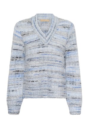 Mekana pletena pulover s V-izrezom, dolgimi rokavi in modro, sivo ter belo marmorirano vzorčevanje.