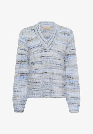Mekana pletena pulover s V-izrezom, dolgimi rokavi in modro, sivo ter belo marmorirano vzorčevanje.