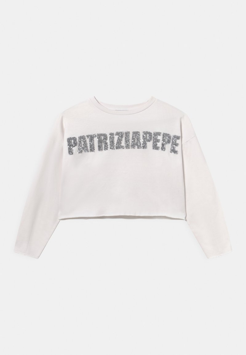 Biała krótka bluza z długimi rękawami, z napisem "PATRIZIAPEPE" z srebrnych cekinów na przodzie. Gładka faktura materiału.