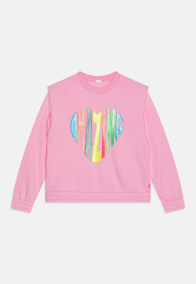 Sweat-shirt à manches longues rose avec un design en forme de cœur en paillettes arc-en-ciel formant le mot "AMAZING" sur la poitrine.