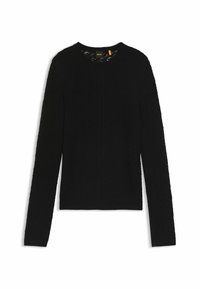 Cardigan noir à manches longues en tissu texturé, avec un col rond et une couture frontale. Sans fermetures, couleur unie partout.