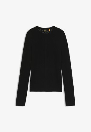 Cardigan noir à manches longues en tissu texturé, avec un col rond et une couture frontale. Sans fermetures, couleur unie partout.