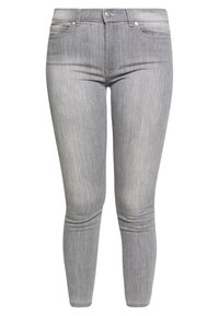 Grå skinny jeans i denim, med midjehöjd, femfickorsstil och subtila blekningar längs benen.