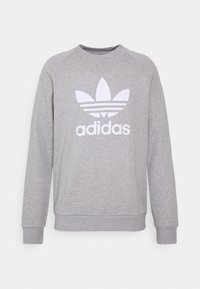 Felpa grigia con maniche lunghe, polsini a coste e colletto tondo. Presenta un grande logo Adidas bianco sul davanti. Tessuto morbido.