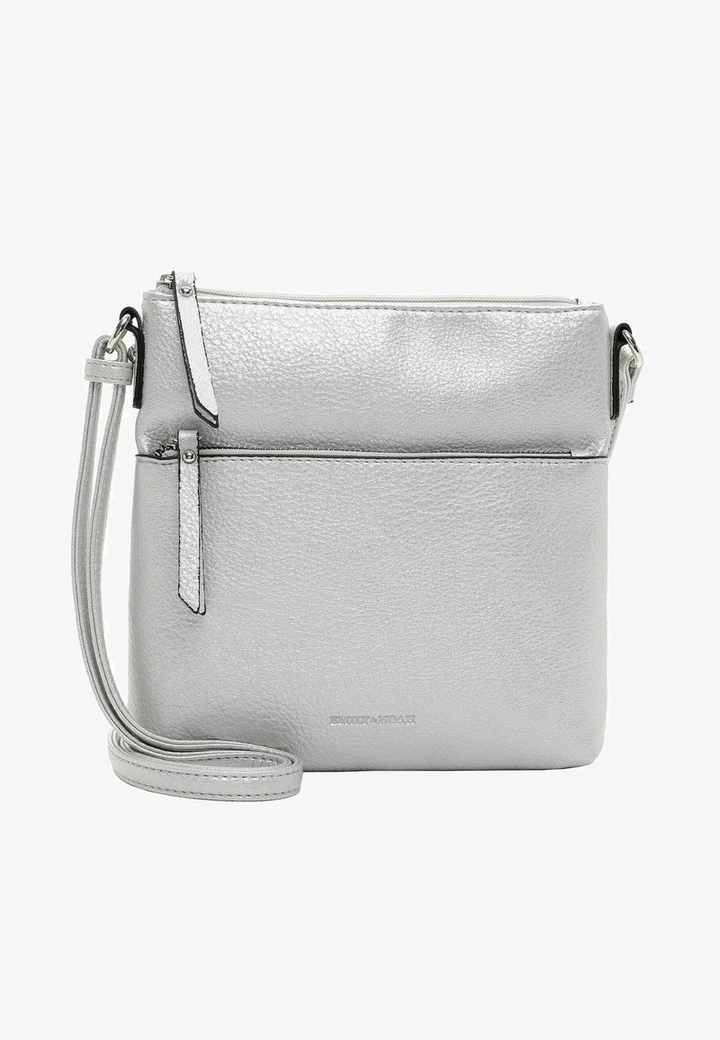 Srebrna skórzana torebka na ramię z teksturowanym wykończeniem, posiada suwakową główną komorę oraz przednią kieszeń, regulowany pasek.