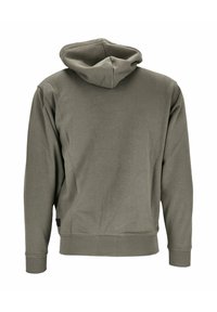 Felpa con cappuccio di colore verde oliva, realizzata in un tessuto morbido. Presenta polsini e orlo a coste, con una texture liscia e senza motivi o accessori visibili.