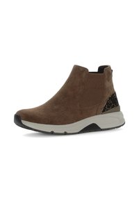 Bruine suède enkellaars met textuurpanele van mesh, beige zool en zwarte met patronen versiering op de hak. Elastische zijkant voor gemakkelijk aantrekken.