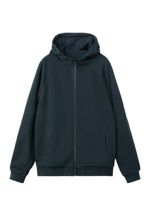 Sudadera negra con cremallera y capucha, con bolsillos delanteros, mangas largas y puños y dobladillo acanalados.