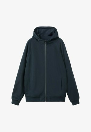 Sweat à capuche noir avec fermeture éclair, poches avant et capuche, manches longues, poignets et ourlet côtelés.