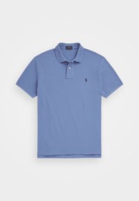 Poloshirt van lichtblauwe katoen met een knoopsluiting met drie knopen, korte mouwen en een klein geborduurd logo op de linkerborst.