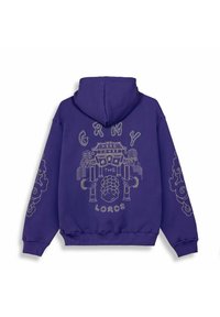 Paars hoodie met gouden geborduurde graphics op de rug en mouwen, met tekst en decoratieve elementen. Katoenen materiaal, ontspannen pasvorm.