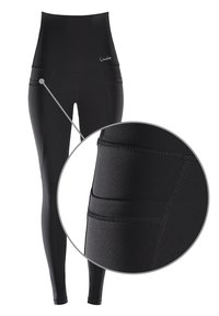 Leggings neri a vita alta realizzati in materiale elasticizzato, con un design senza cuciture e una tasca laterale per riporre gli oggetti. Texture liscia su tutta la superficie.