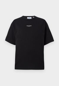 Black short-sleeve t-shirt made of cotton with a crew neck. Features a small white logo text centered on the chest.