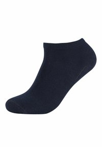 Calcetines tobilleros de color azul marino, hechos de un material liso y elástico con un diseño de canalé y sin patrones ni acentos visibles.