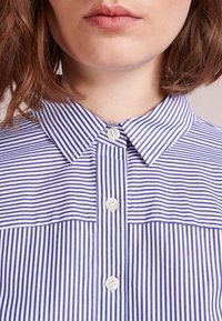 Gros plan d'une personne portant une chemise à rayures verticales bleues et blanches, boutonnée, avec un col pointu.